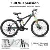 A2460 Ecarpat Mountain Bike 24 Inch Wheels, 21-Speed Full Suspension Mens Womens Trail Commuter City Mountain Bike, Carbon Steel Frame Disc Brakes Gri