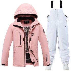Men's And Women's Winter Outdoors Veneer Double Board Ski Suit (Option: Pink Top And White Pants-XL)